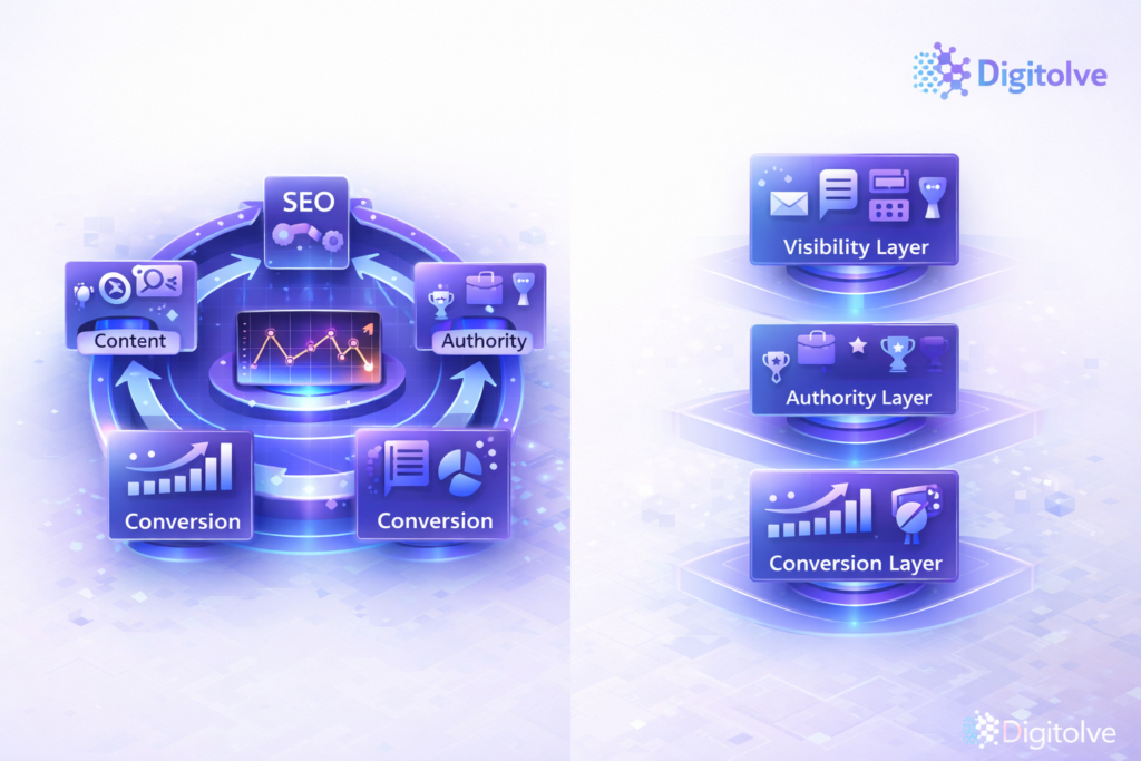 Digital growth system framework showing visibility authority and conversion layers