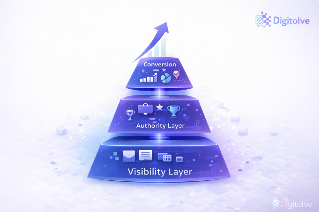 Digital growth system pyramid showing visibility, authority and conversion layers