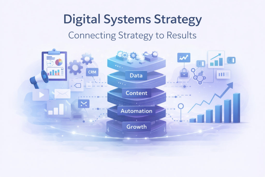 Digital systems strategy illustration showing the systems layer connecting strategy and measurable digital growth results