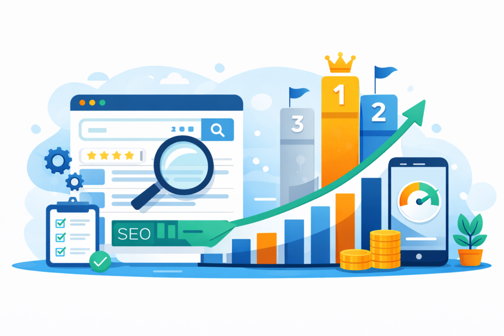 SEO strategy for brands showing search visibility, website optimization, and digital growth