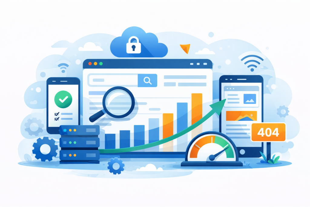 technical SEO strategy showing website speed, crawling, indexing, and performance optimization