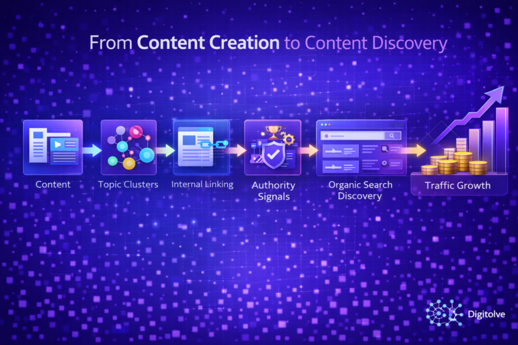 Illustration showing the process from content creation to content discovery, where structured signals help content gain search visibility.