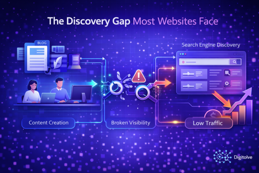 Diagram showing the content discovery gap where content is published but fails to reach search visibility due to missing discovery signals.