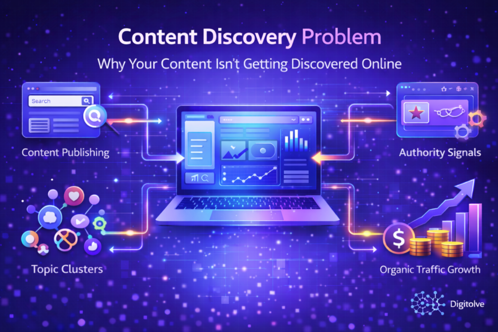 Illustration explaining the content discovery problem and why good content is not getting discovered online due to weak visibility signals and missing discovery systems.