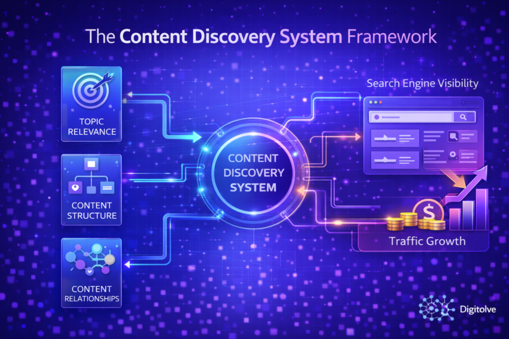 Infographic explaining the content discovery system including topic relevance, content structure, content relationships, and authority signals.