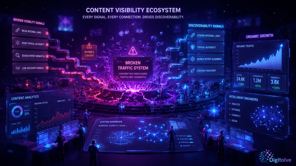 Futuristic content visibility system showing broken traffic systems, discoverability signals, SEO visibility architecture, and intelligent digital engineers analyzing content performance.