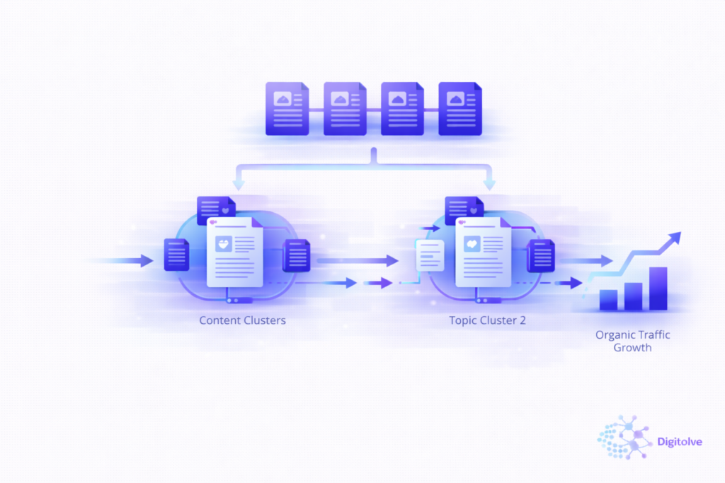 Diagram showing how content clusters and topic clusters connect within a visibility system to generate organic traffic growth.