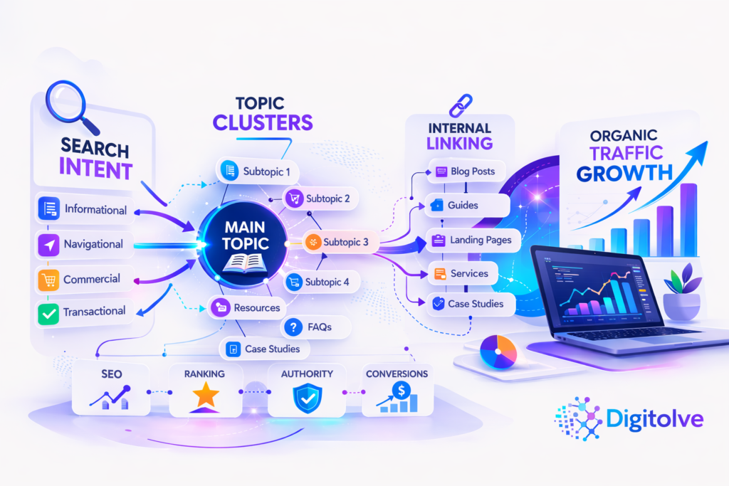 Illustration showing a content visibility system where search intent, content clusters, and internal links work together to increase blog traffic.