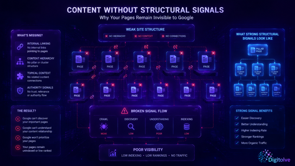 Content without structural signals showing weak site structure, broken SEO signal flow, low indexing, poor rankings, and weak discoverability visibility