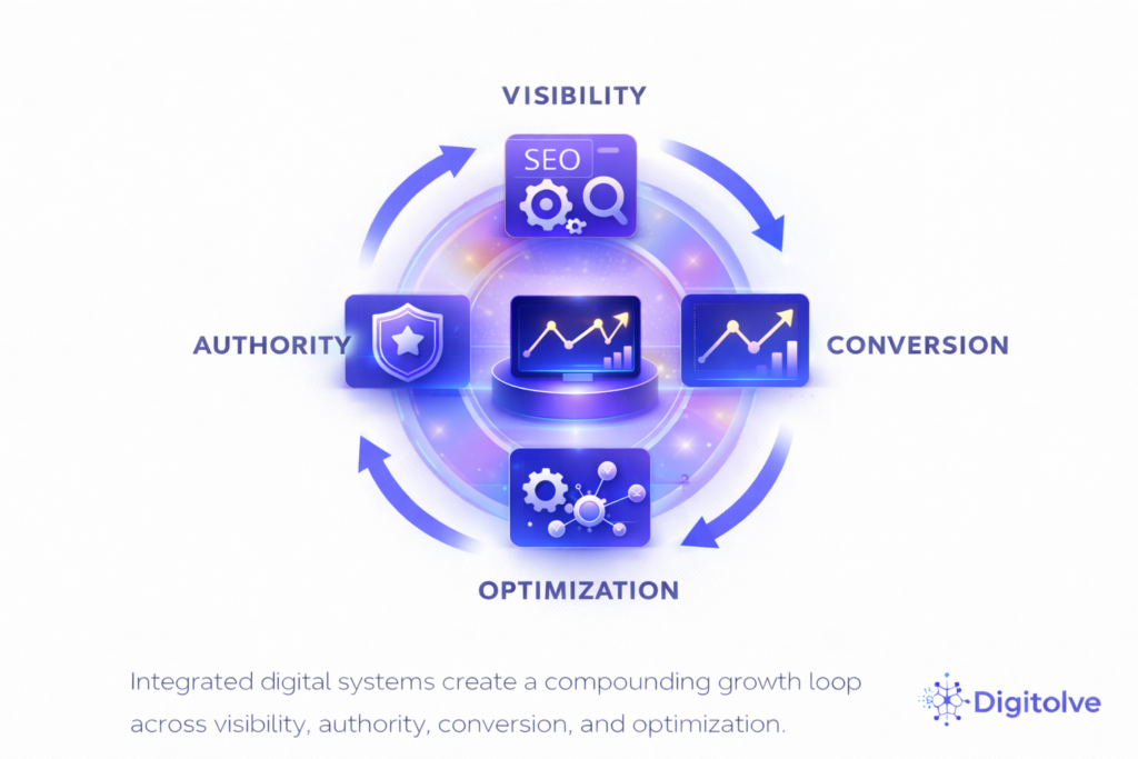 Digital growth compounding loop connecting visibility authority conversion optimization