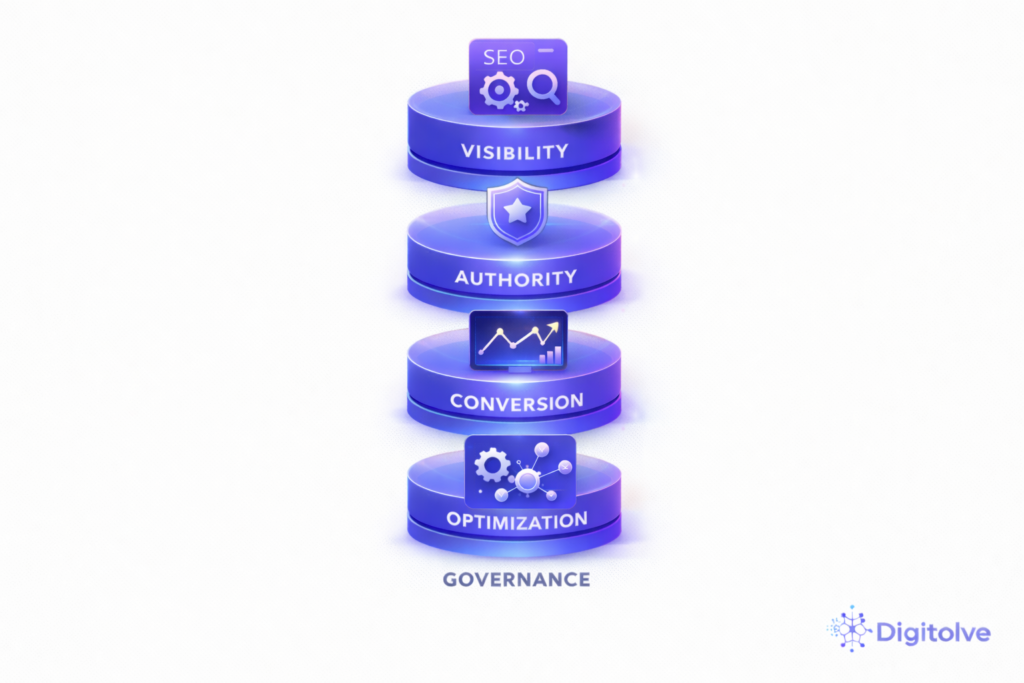 Layered digital systems architecture showing visibility authority conversion optimization governance
