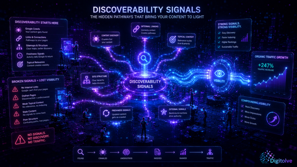Discoverability signals framework showing internal linking, topical relevance, site structure, indexing signals, and search visibility growth
