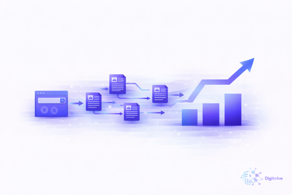 Diagram showing how search visibility and connected content articles lead to organic traffic growth.