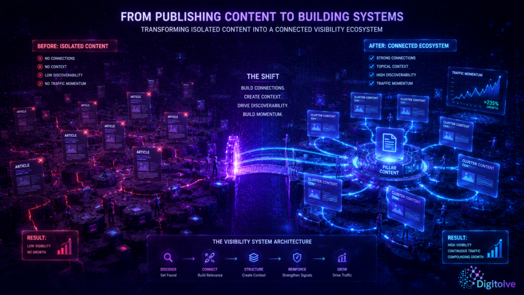 Publishing content to building connected visibility systems showing pillar content, cluster structure, discoverability reinforcement, and SEO growth momentum