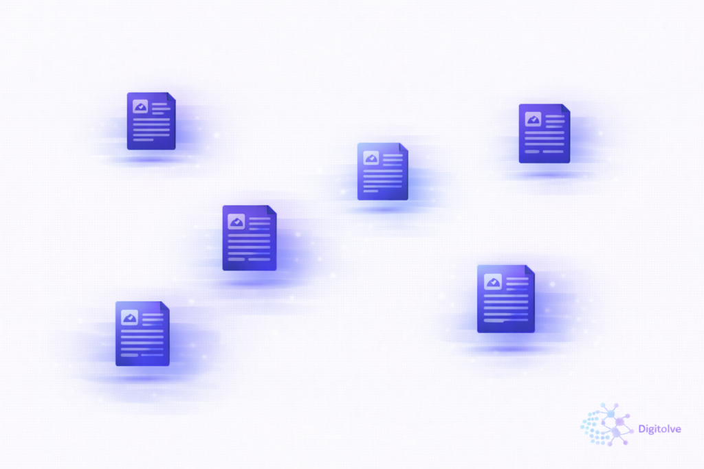 Illustration showing scattered blog posts that are not connected through a visibility system or internal linking.