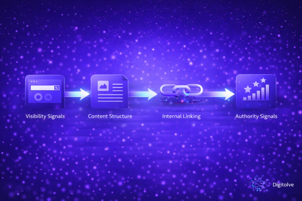 seo gap detection framework showing visibility signals content structure internal linking and authority analysis