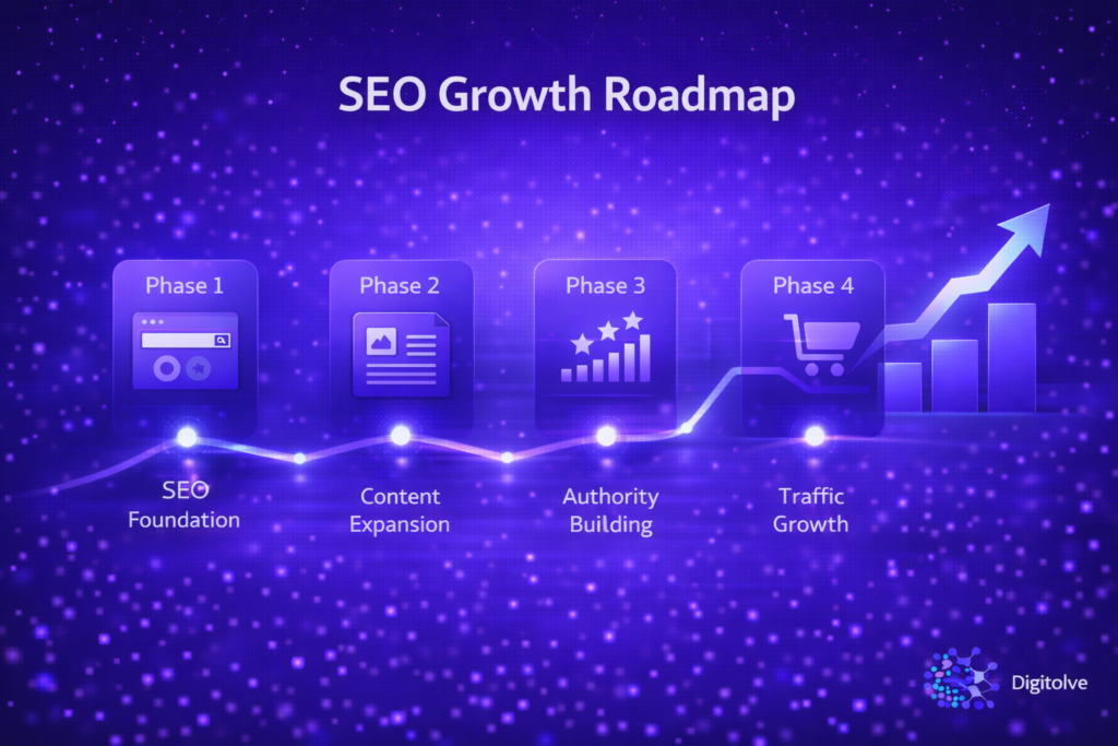 seo growth roadmap showing phases of long term organic traffic development