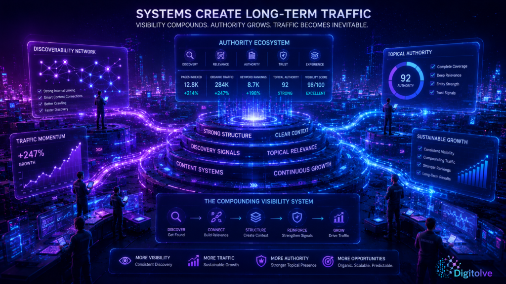 Systems create long-term traffic through discoverability signals, topical authority, visibility reinforcement, and connected SEO growth systems