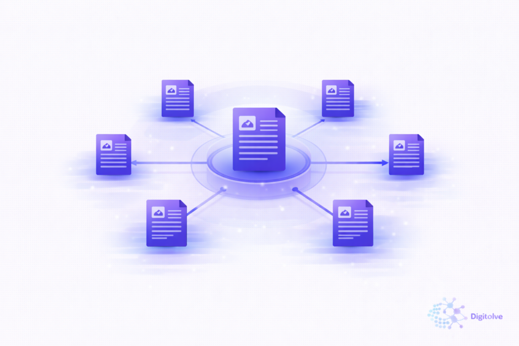 Diagram showing a central pillar article connected to multiple supporting articles forming a topic cluster authority network.