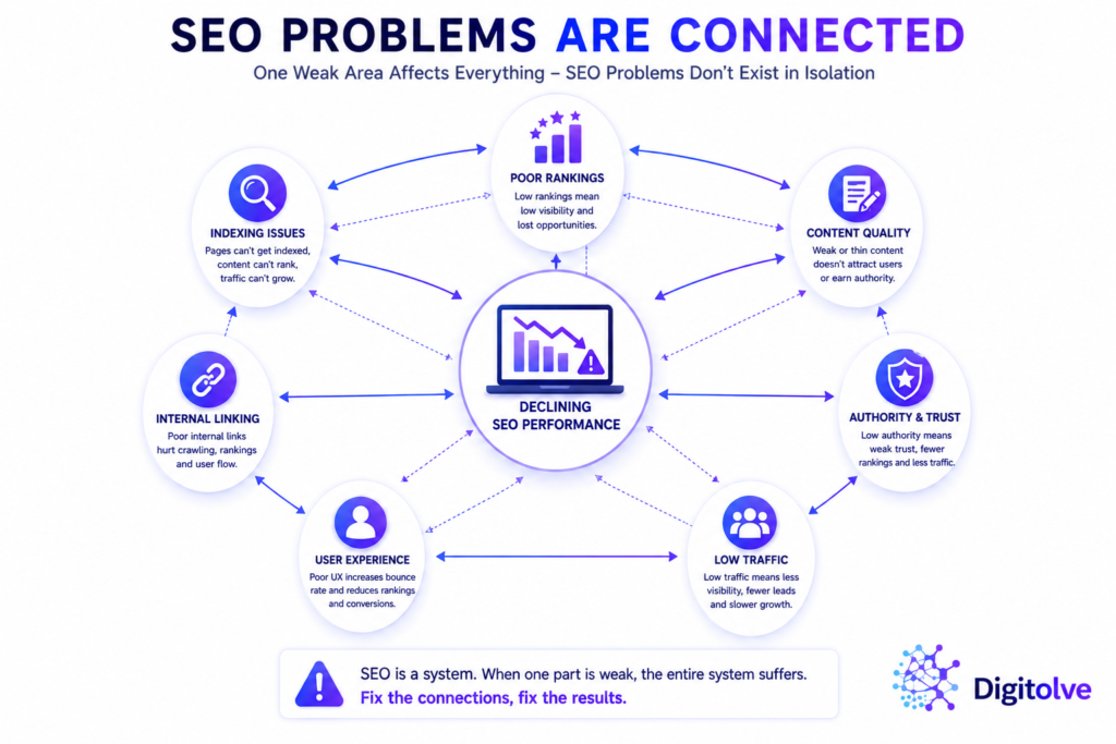 Connected SEO Problems Framework Diagram showing how indexing, rankings, authority, content quality, and website structure are interconnected within an SEO visibility system.