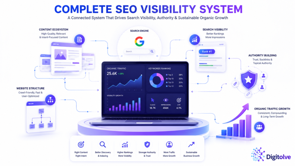 Complete SEO Visibility System showing how content, search visibility, authority, website structure, and organic traffic work together to generate sustainable organic growth.