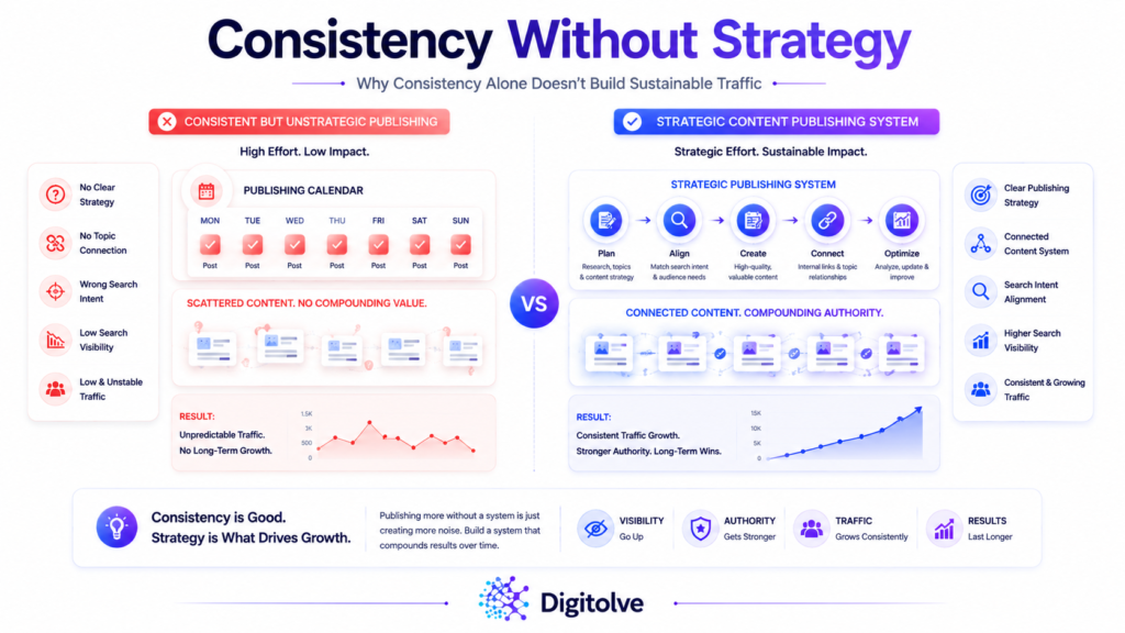 Illustration showing why publishing consistently without strategy fails to build sustainable traffic.
