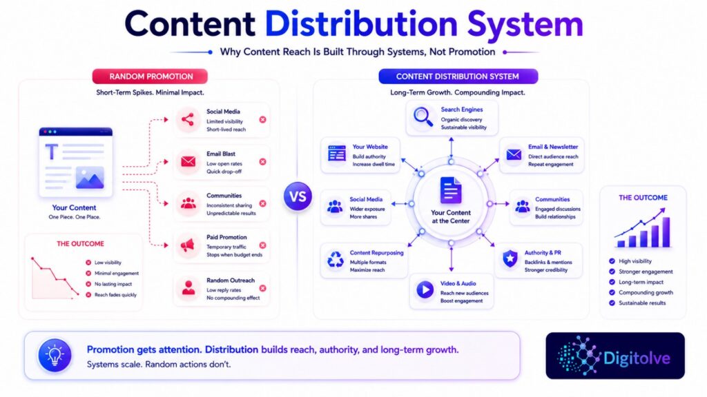Strategic content distribution system compared with random content promotion.
