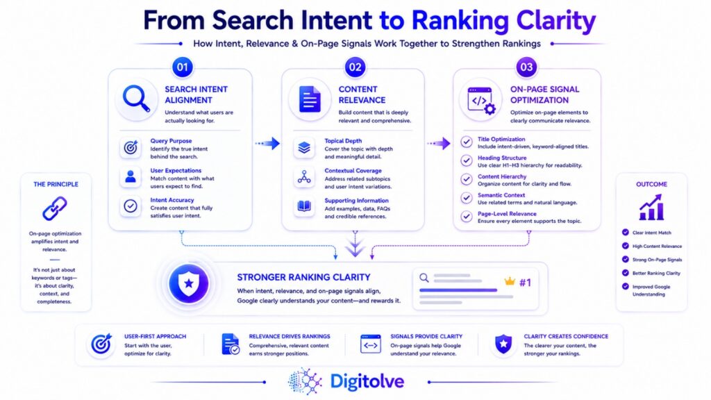 Search intent, content relevance, and on-page SEO signals working together to strengthen ranking clarity.