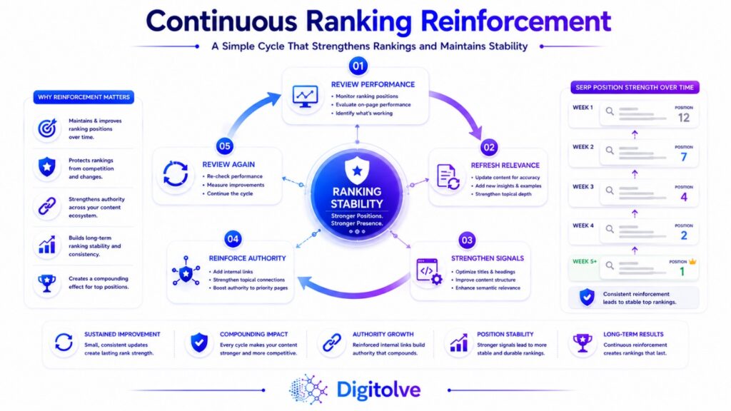 Continuous SEO ranking reinforcement cycle for maintaining stronger and more stable Google rankings.