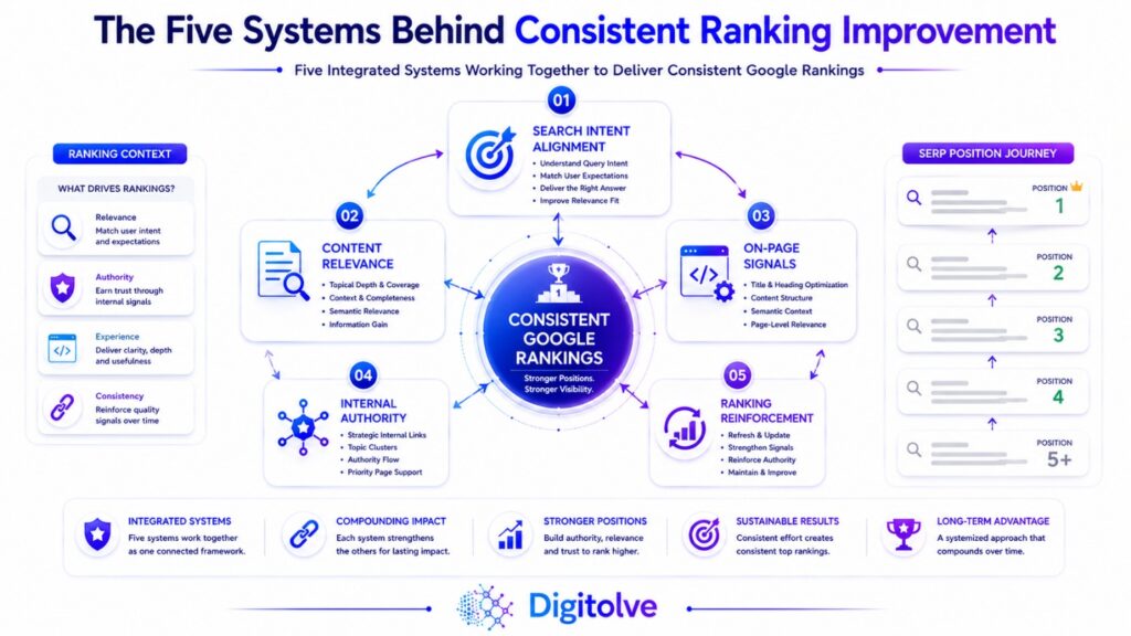 Five connected SEO systems for consistent ranking improvement: search intent, content relevance, on-page signals, internal authority, and reinforcement.