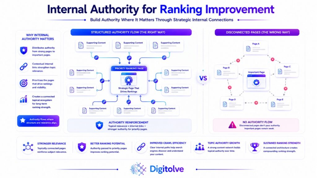 Internal linking and supporting content reinforcing priority pages to improve internal authority and Google ranking potential.