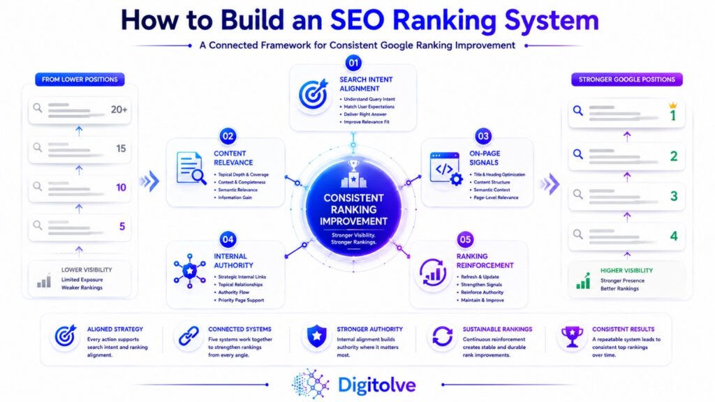 SEO ranking system connecting search intent, content relevance, on-page signals, internal authority, and ranking reinforcement.