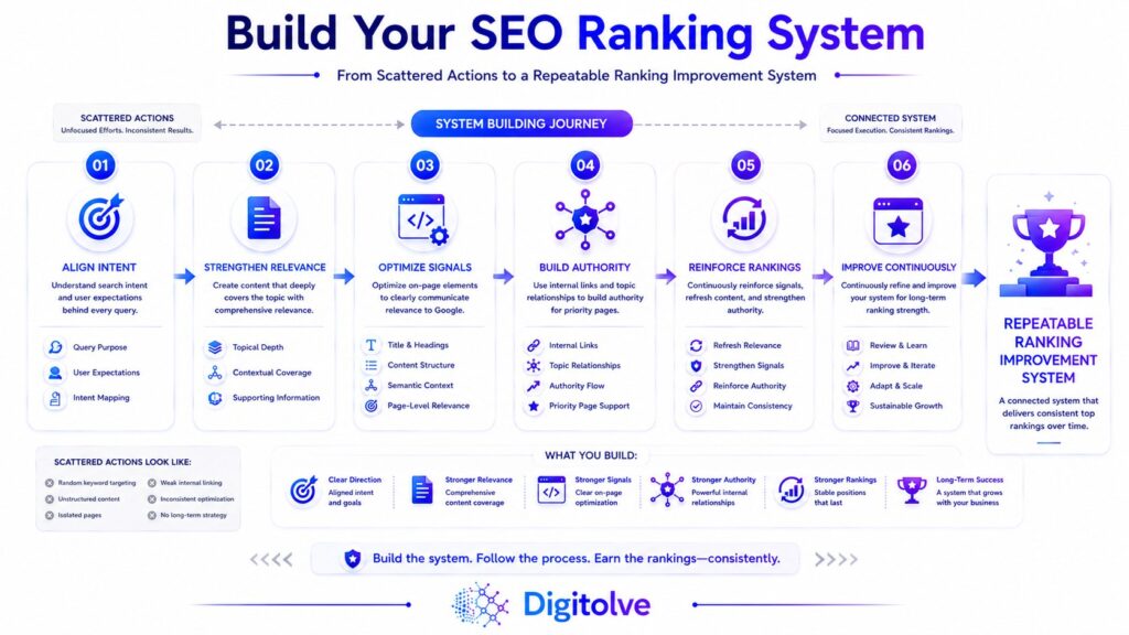 SEO ranking workflow connecting search intent, relevance, on-page signals, authority, and continuous ranking reinforcement.