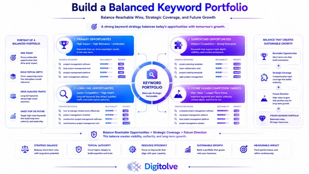 Balanced keyword portfolio combining primary, supporting, long-tail, and future higher-competition search opportunities.