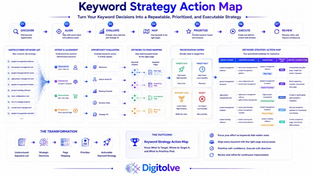 Keyword strategy action map organizing keyword opportunities by page assignment, priority level, and next SEO or content action.