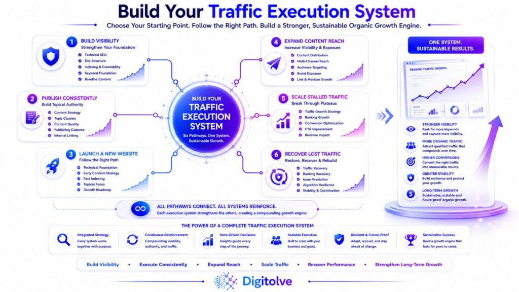 Traffic execution system showing six strategic pathways for building sustainable organic traffic growth.