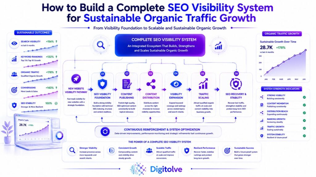 Complete SEO visibility system showing interconnected traffic execution systems for sustainable organic traffic growth.