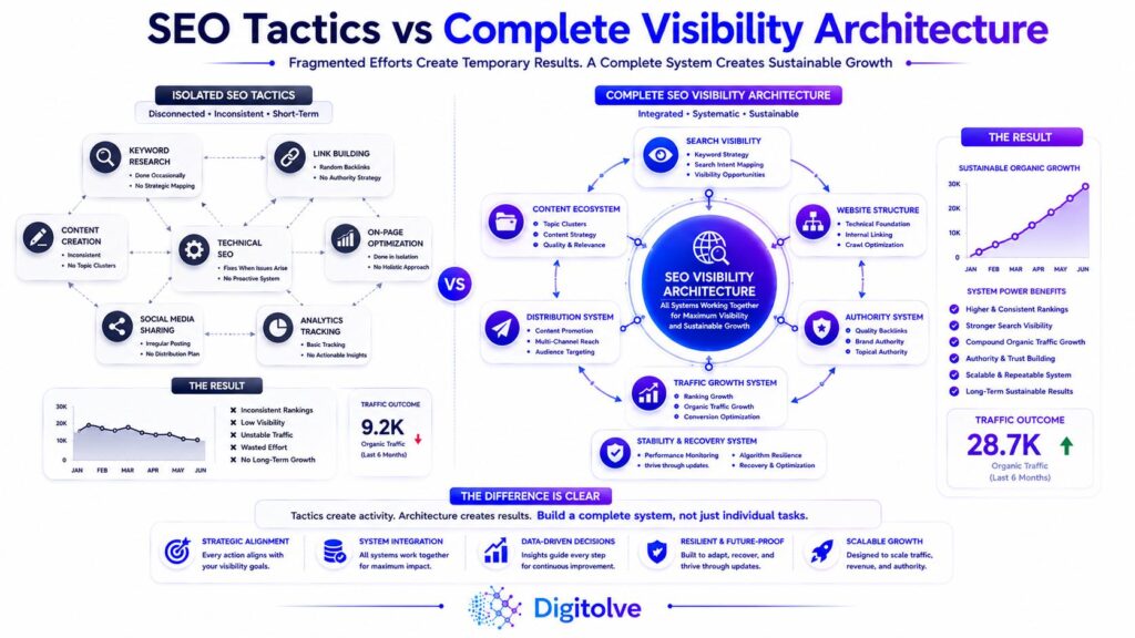 Comparison between isolated SEO tactics and a complete interconnected SEO visibility architecture.