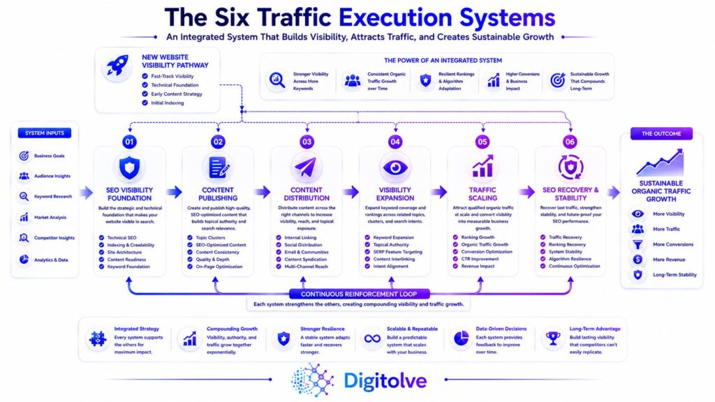 Six connected traffic execution systems showing SEO visibility, content publishing, distribution, traffic scaling, and SEO recovery.