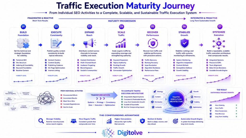 Traffic execution maturity journey from individual SEO activities to a complete scalable organic traffic system.