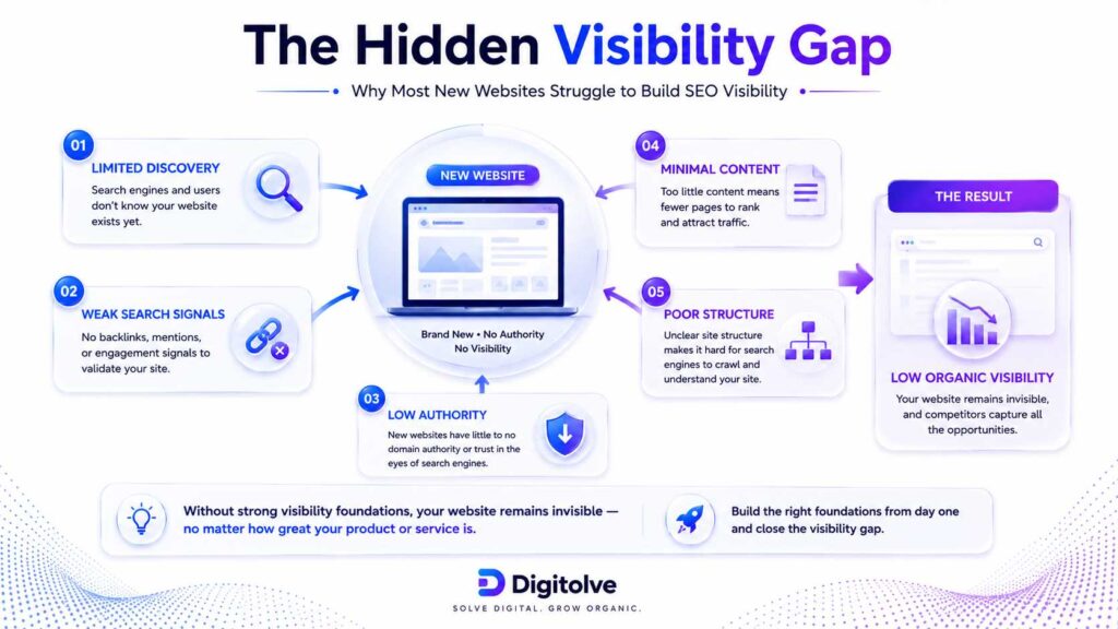 Diagram illustrating the hidden SEO visibility challenges affecting new websites.