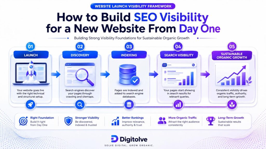 Website Launch Visibility Framework showing how a new website builds SEO visibility from launch to sustainable organic growth.