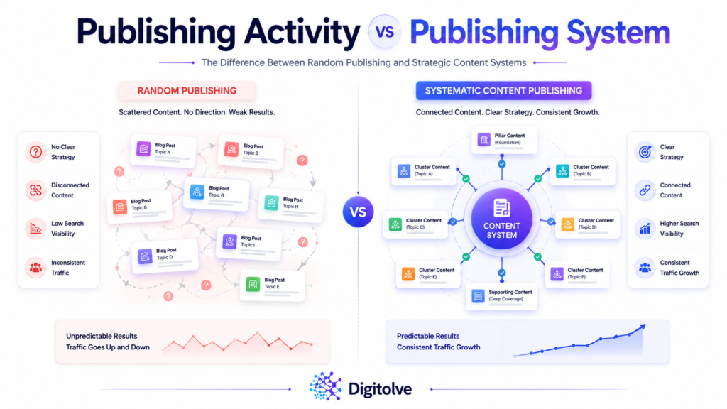 Comparison between random content publishing and a structured content publishing system.