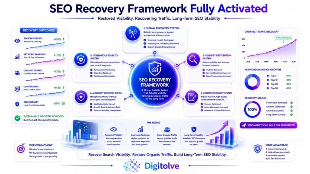 SEO Recovery Framework illustrating restored search visibility, recovered organic traffic, and long-term SEO stability.