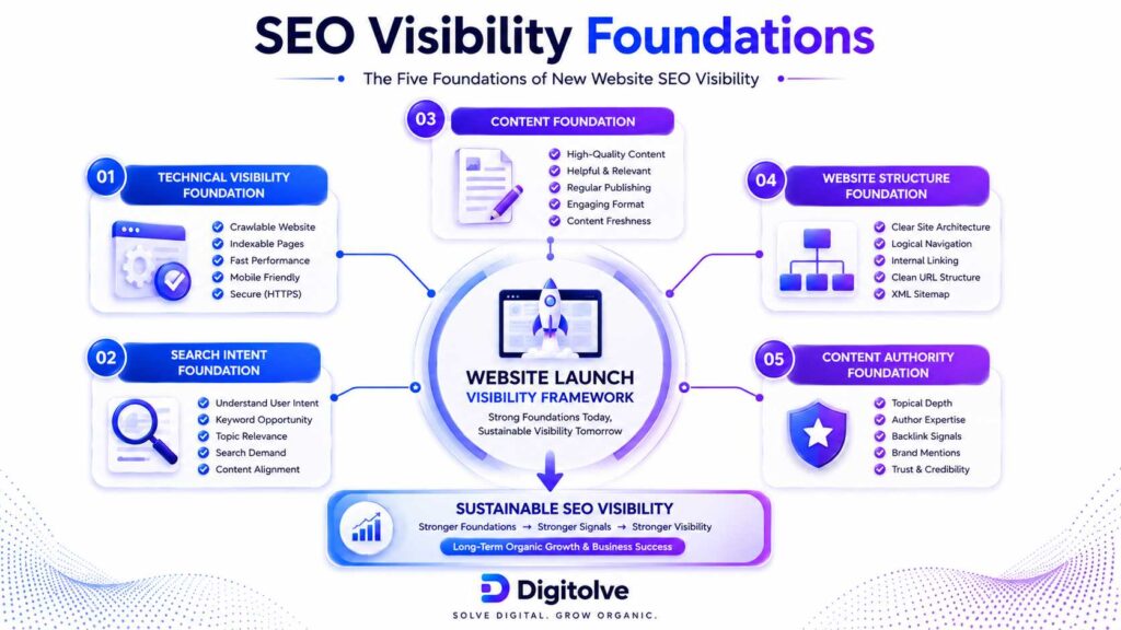 Framework showing the five strategic foundations required to build SEO visibility for a new website.
