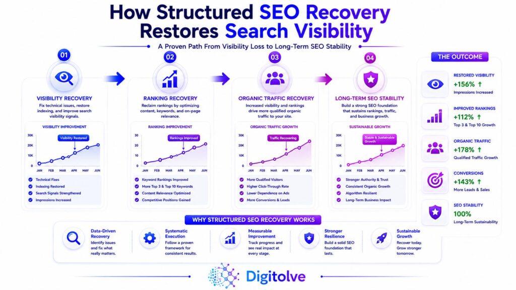 Diagram illustrating the flow from search visibility recovery to rankings, organic traffic, and long-term SEO stability.