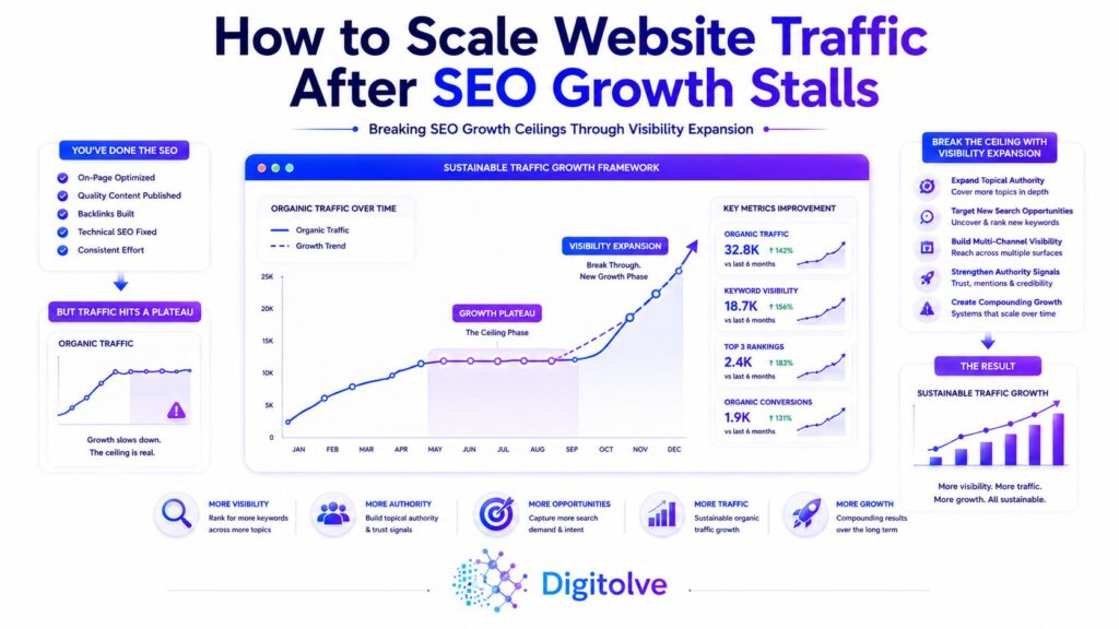 Sustainable Traffic Growth Framework showing how SEO visibility expansion helps scale website traffic beyond growth plateaus.