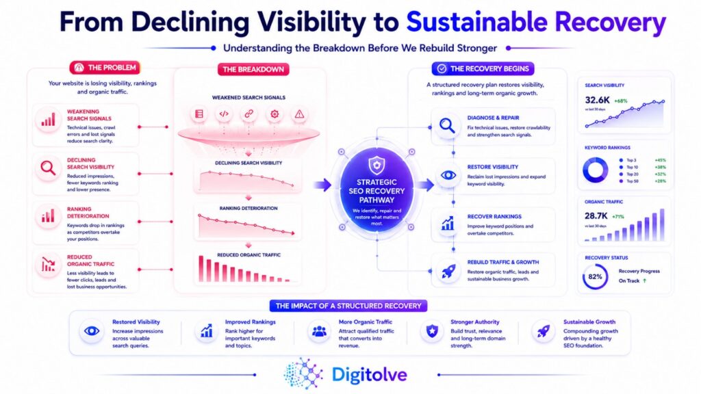 Illustration showing declining search visibility leading to reduced rankings and organic traffic.