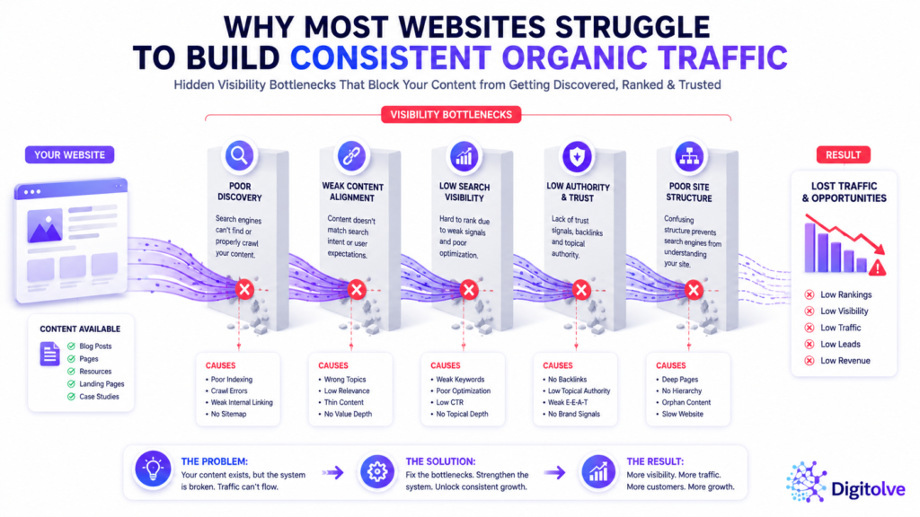 Why Most Websites Struggle to Build Consistent Organic Traffic SEO visibility bottlenecks showing discovery, content alignment, search visibility, authority, and website structure issues that reduce organic traffic.