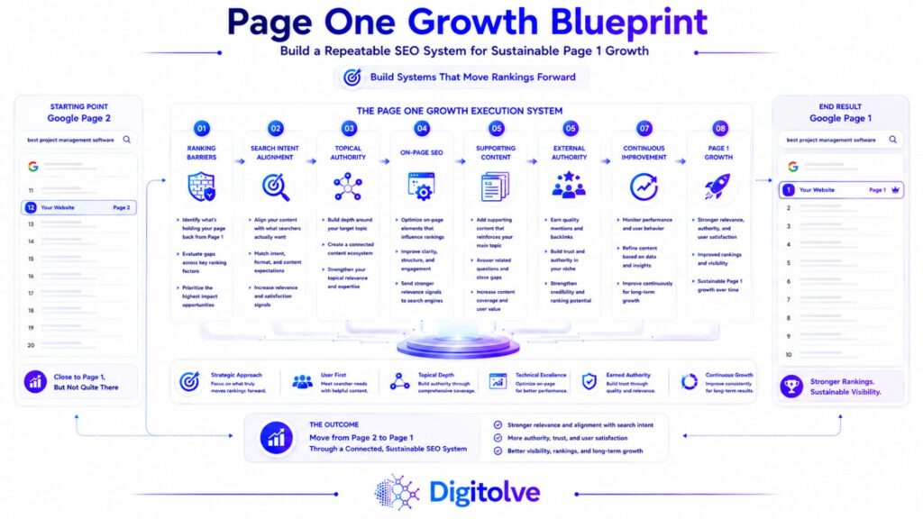 page 2 to page 1 Growth Blueprint showing an SEO system for moving a website from Google page 2 toward page 1.